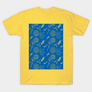 Wheat ears and sunflowers in Ukrainian flag colors T-Shirt